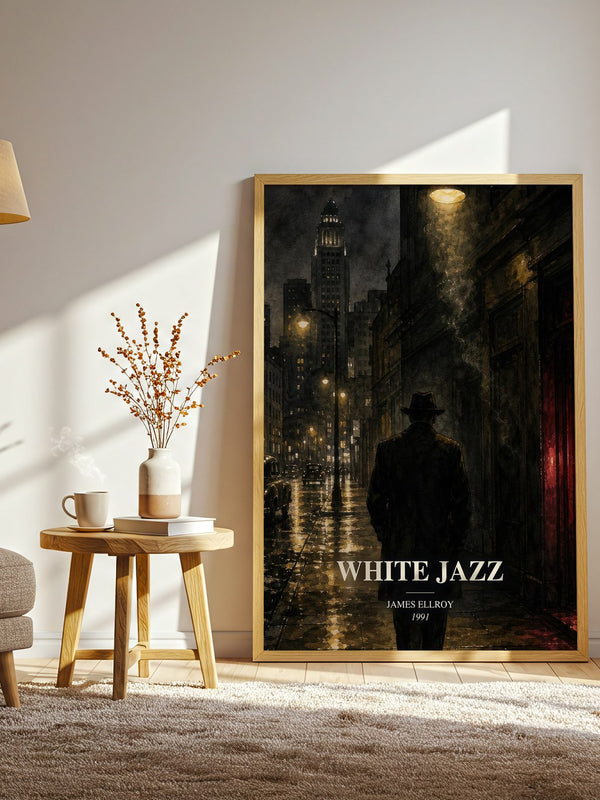White Jazz watercolour print in frame leaning in hallway – crime wall art