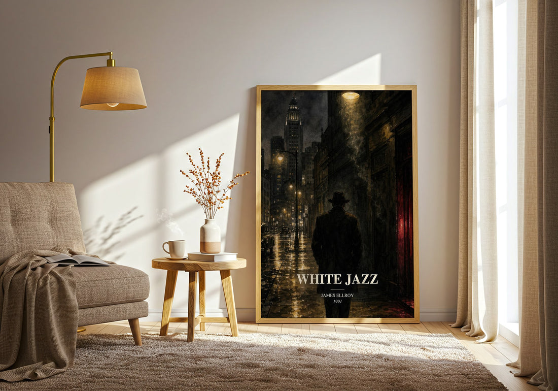 White Jazz watercolour print in frame leaning in hallway – crime wall art (mockup)