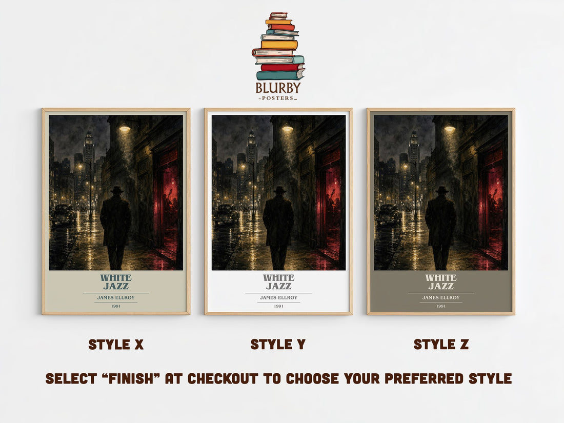 White Jazz book cover print in frame leaning in hallway – crime wall art (mockup)