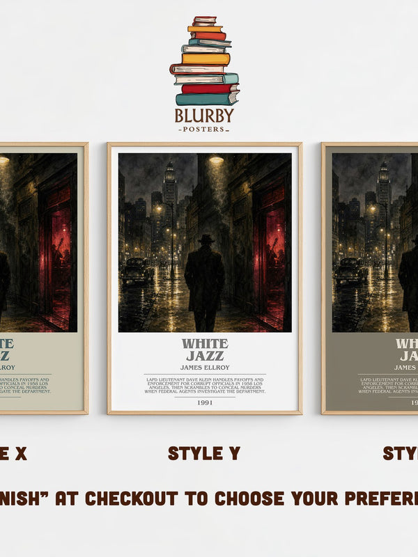 White Jazz bookish print in frame leaning in hallway – crime wall art