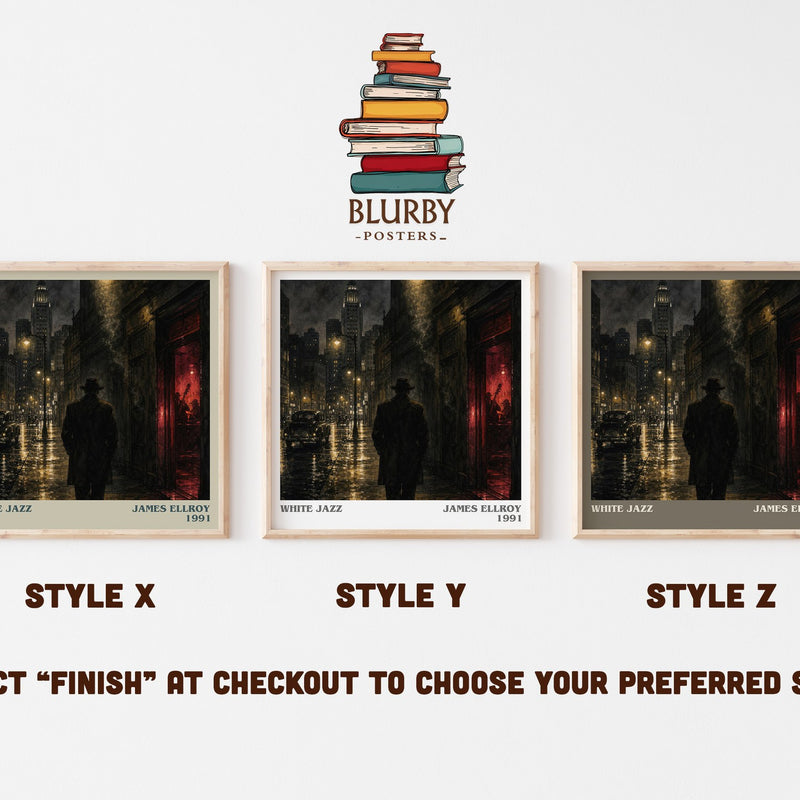 White Jazz literary print in frame leaning in hallway – crime wall art