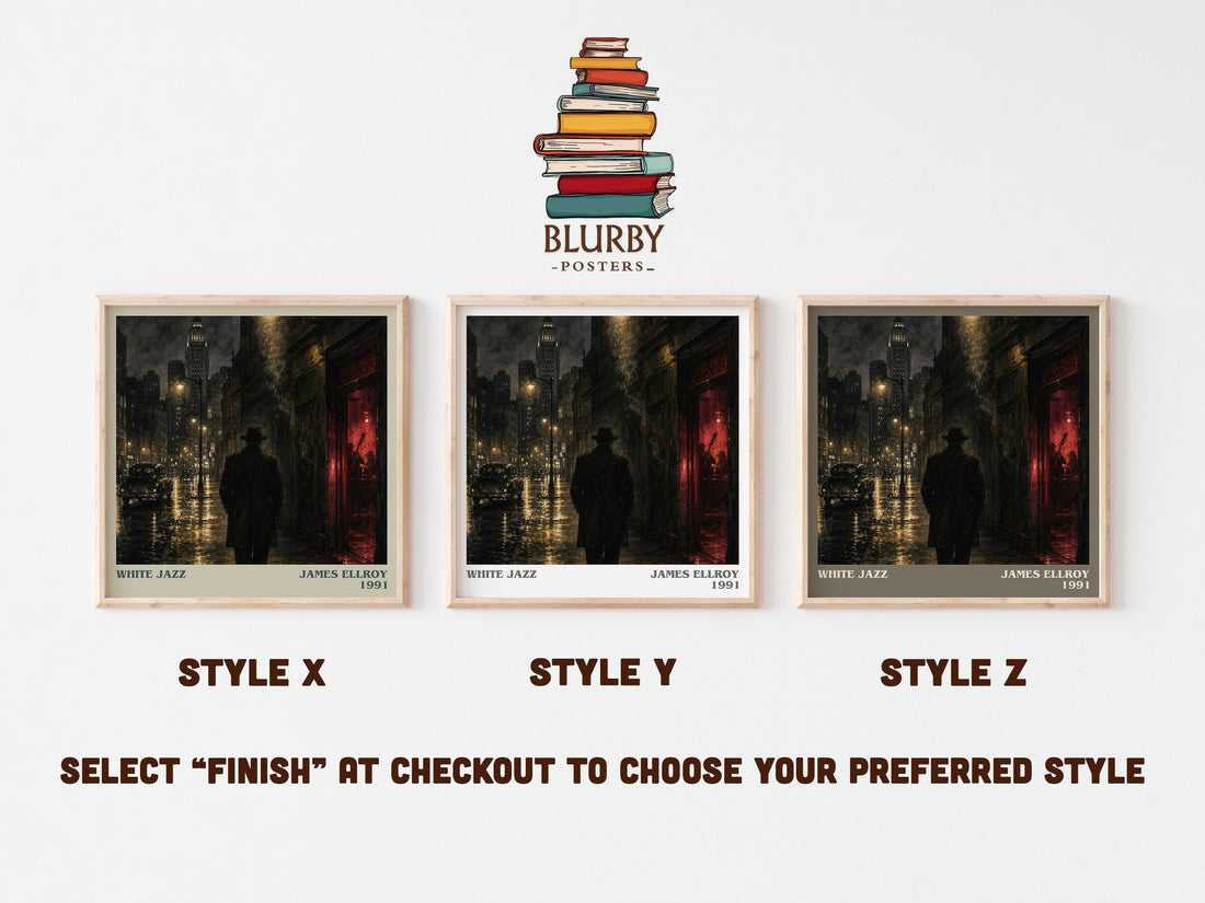 White Jazz literary print in frame leaning in hallway – crime wall art (mockup)