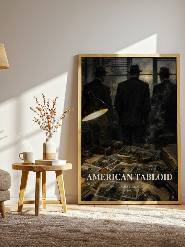 American Tabloid watercolour print in frame leaning in hallway – crime wall art