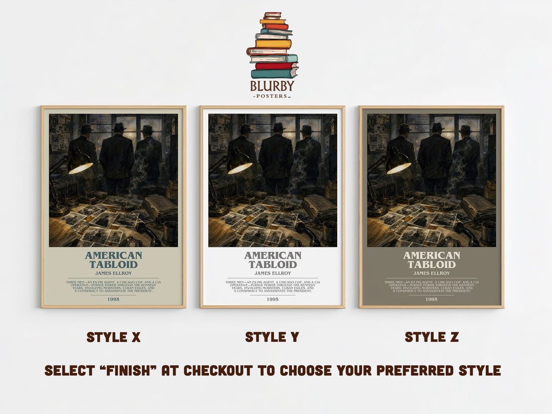 American Tabloid bookish print in frame leaning in hallway – crime wall art (mockup)