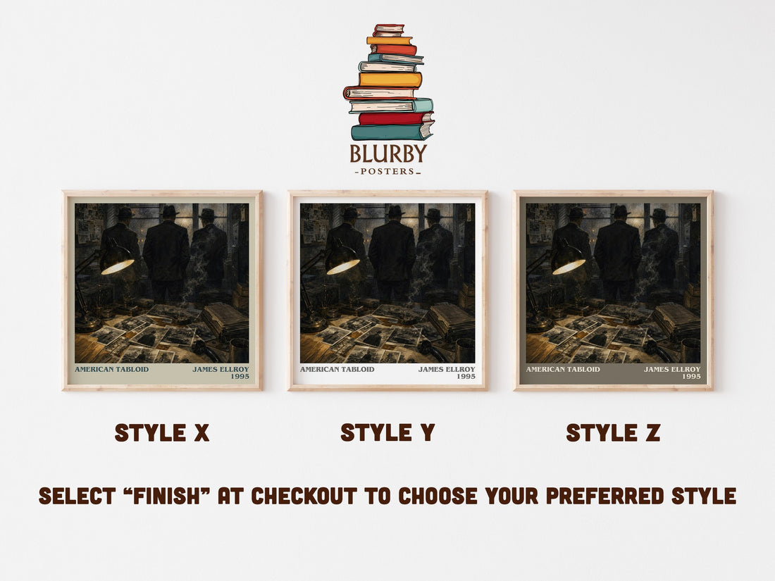 American Tabloid literary print in frame leaning in hallway – crime wall art (mockup)