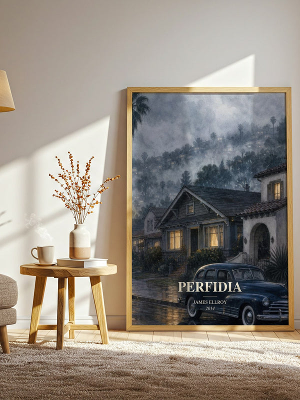 Perfidia watercolour print in frame leaning in hallway – crime wall art