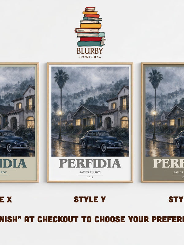 Perfidia book cover print in frame leaning in hallway – crime wall art