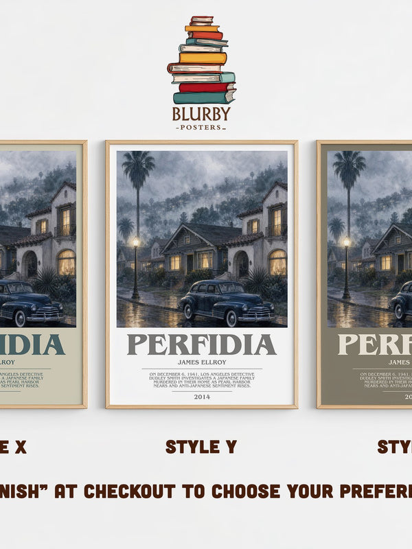 Perfidia bookish print in frame leaning in hallway – crime wall art