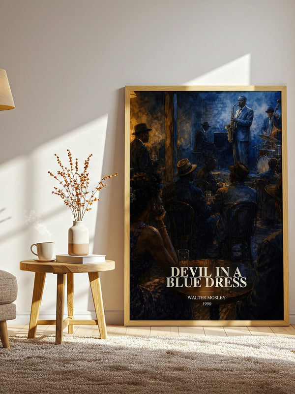 Devil in a Blue Dress watercolour print in frame leaning in hallway – crime wall art
