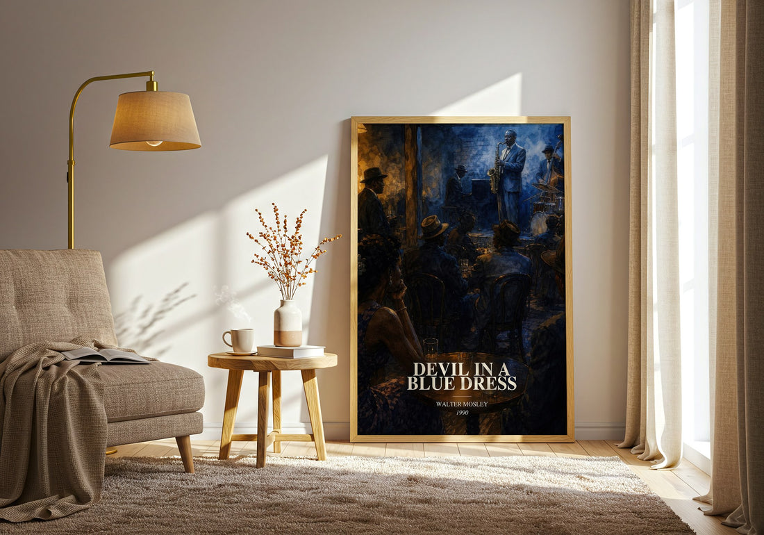 Devil in a Blue Dress watercolour print in frame leaning in hallway – crime wall art (mockup)