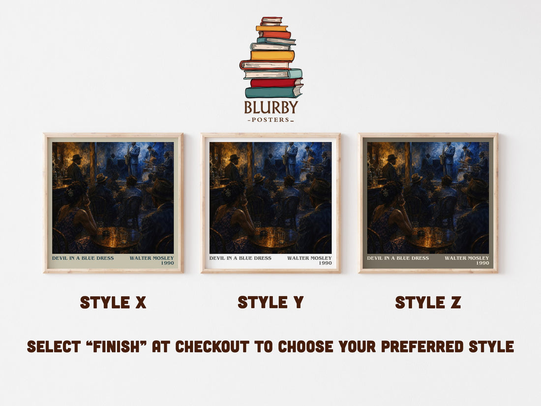 Devil in a Blue Dress literary print in frame leaning in hallway – crime wall art (mockup)