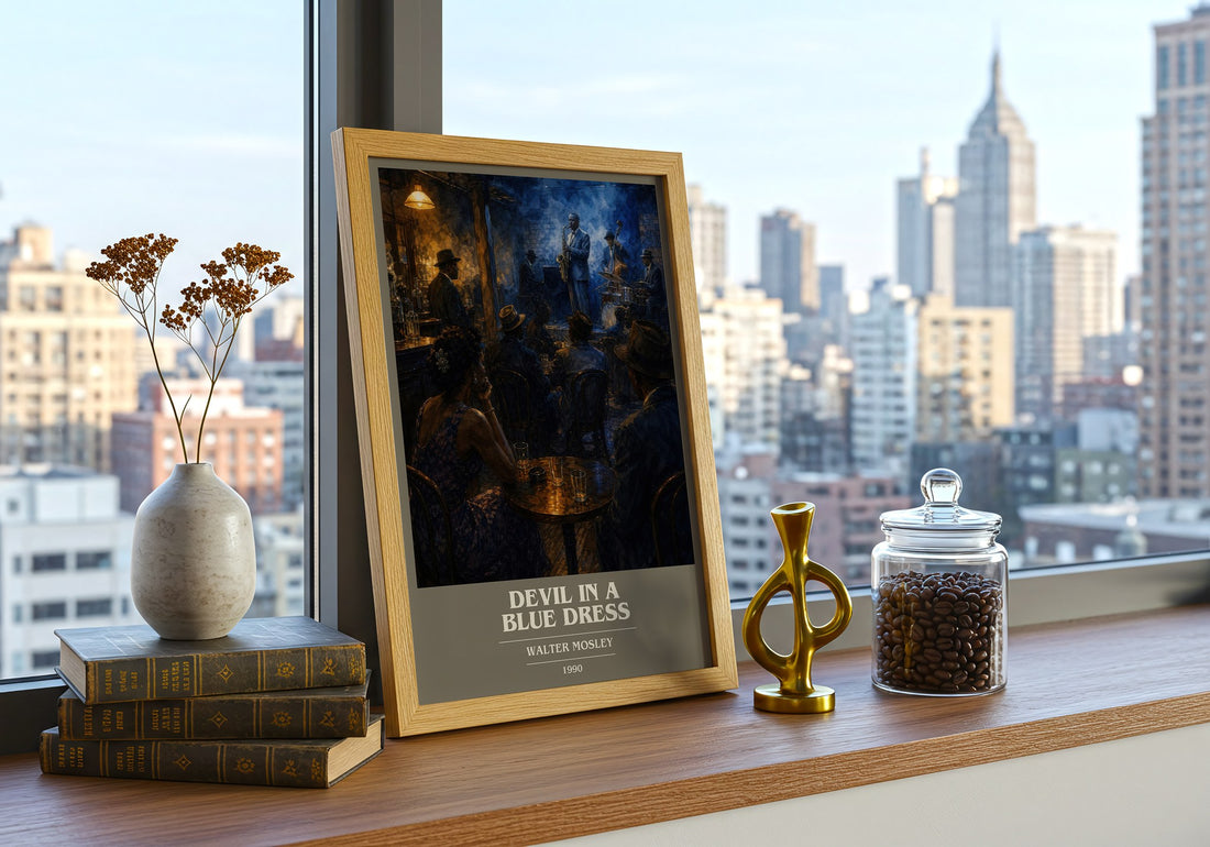 Devil in a Blue Dress book cover print framed by window – literary home decor