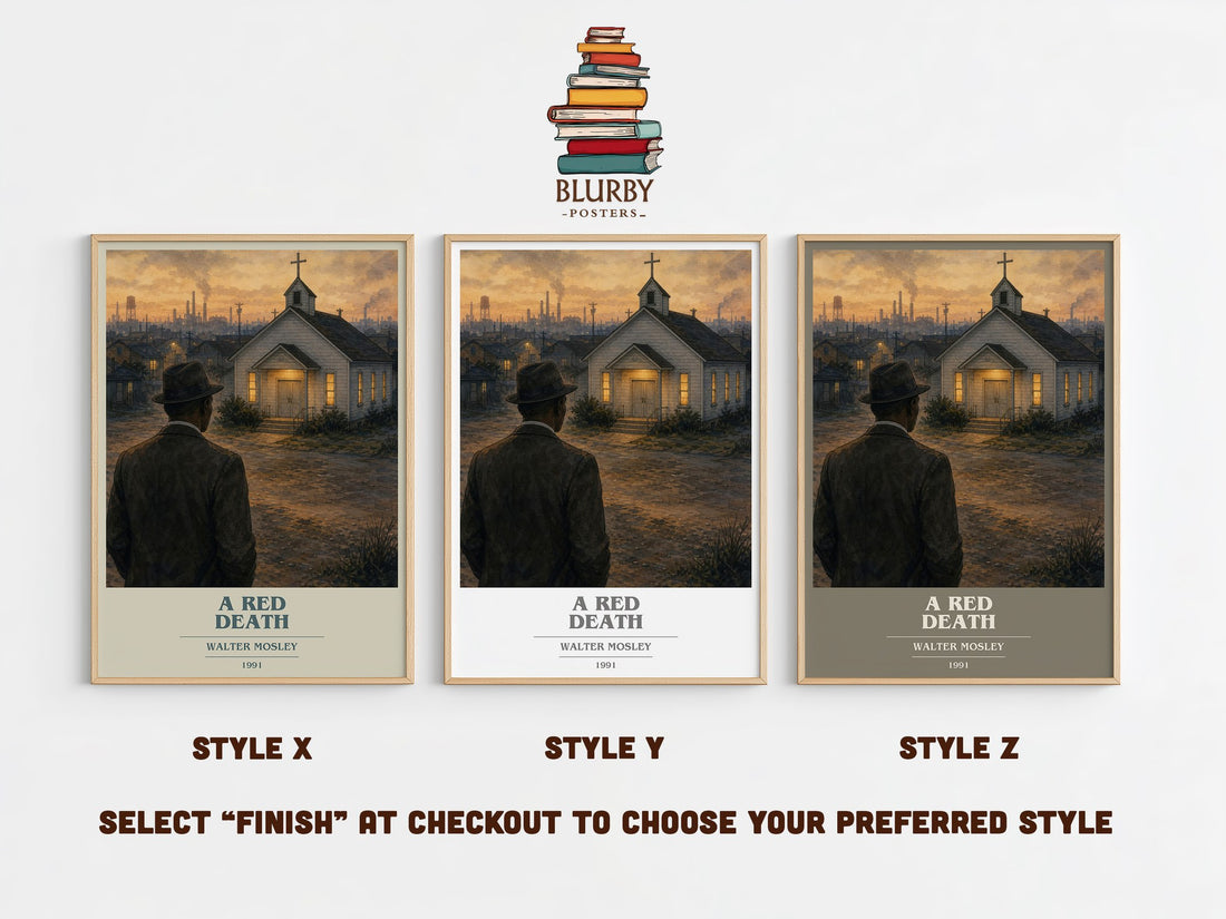 A Red Death book cover print in frame leaning in hallway – crime wall art (mockup)