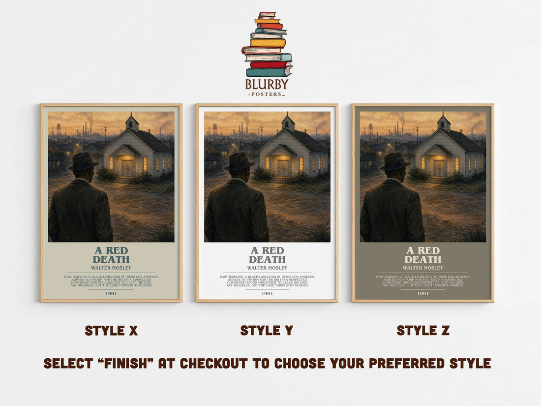 A Red Death bookish print in frame leaning in hallway – crime wall art (mockup)