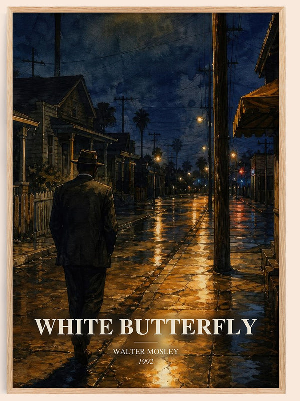 White Butterfly watercolour book poster by Walter Mosley – framed literary art print