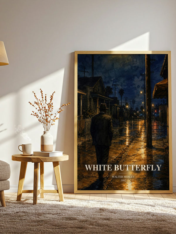 White Butterfly watercolour print in frame leaning in hallway – crime wall art