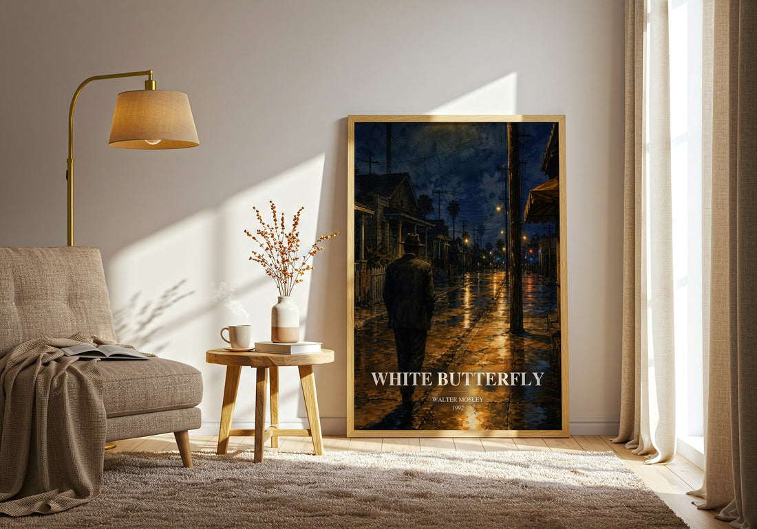 White Butterfly watercolour print in frame leaning in hallway – crime wall art (mockup)