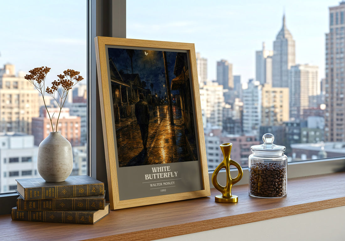 White Butterfly book cover print framed by window – literary home decor