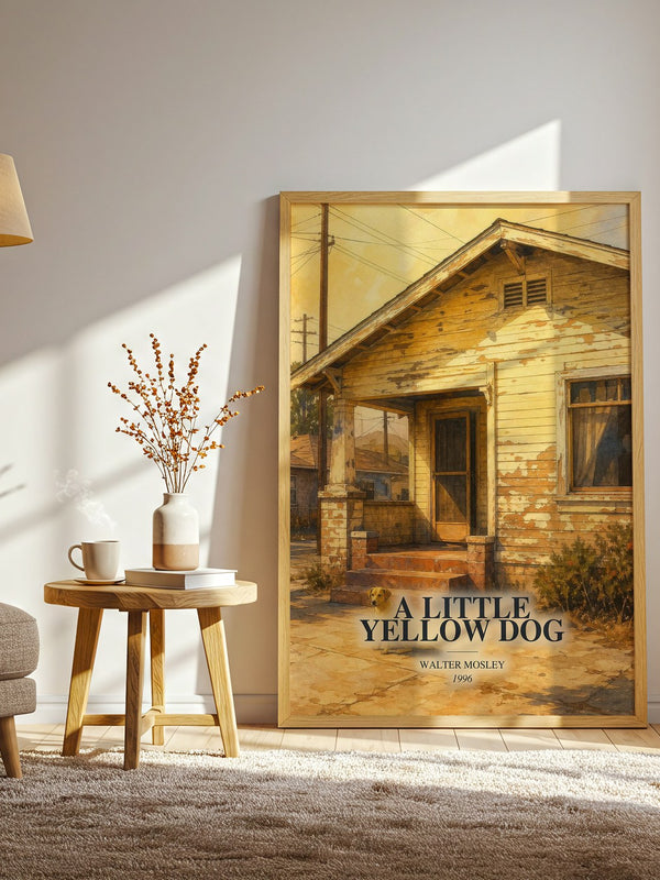 A Little Yellow Dog watercolour print in frame leaning in hallway – crime wall art