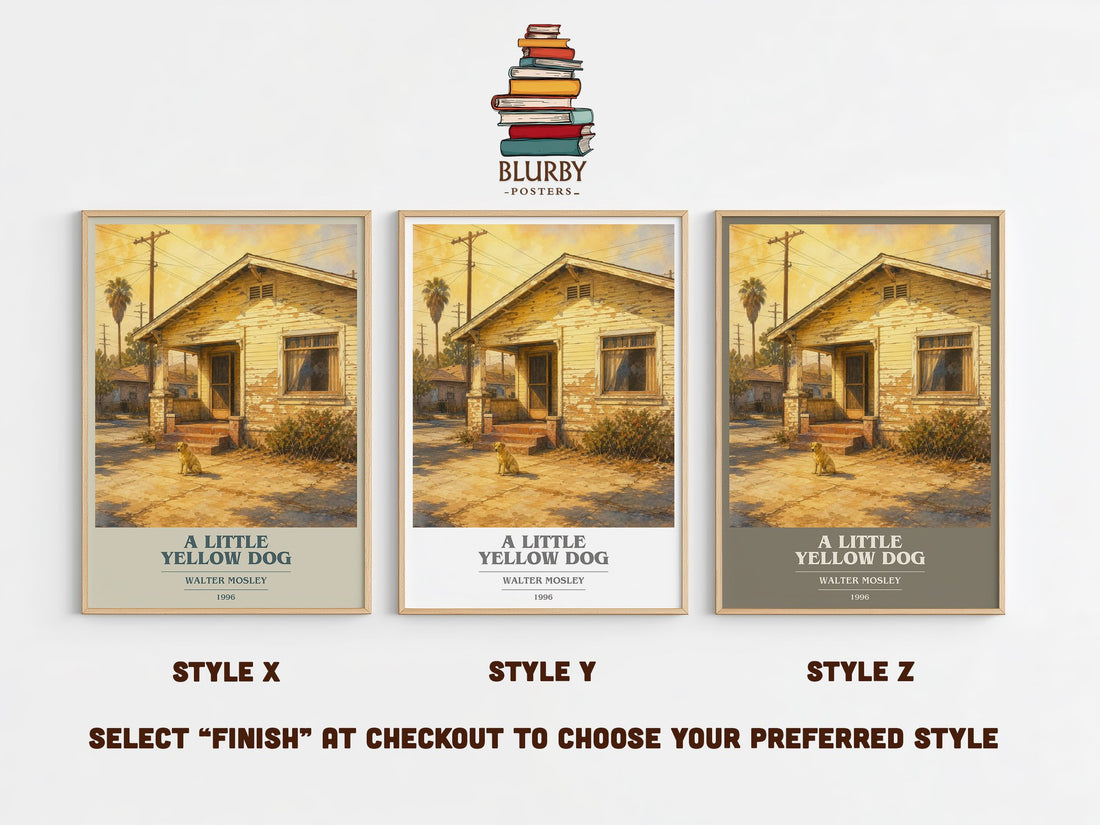 A Little Yellow Dog book cover print in frame leaning in hallway – crime wall art (mockup)