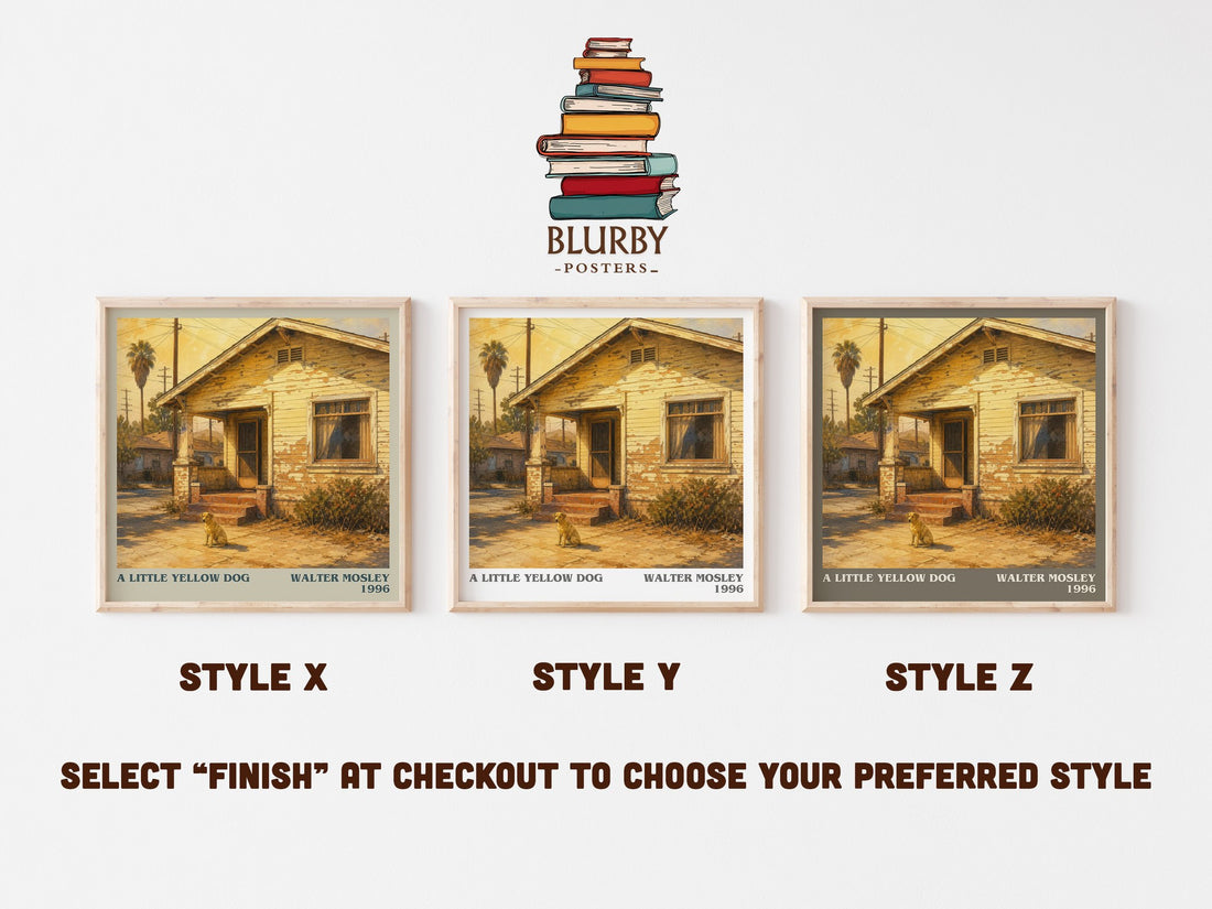 A Little Yellow Dog literary print in frame leaning in hallway – crime wall art (mockup)