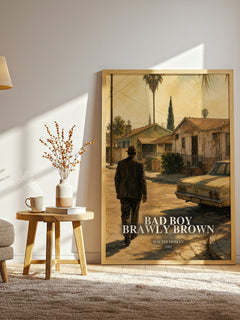 Bad Boy Brawly Brown watercolour print in frame leaning in hallway – crime wall art