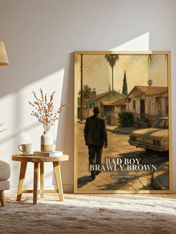 Bad Boy Brawly Brown watercolour print in frame leaning in hallway – crime wall art