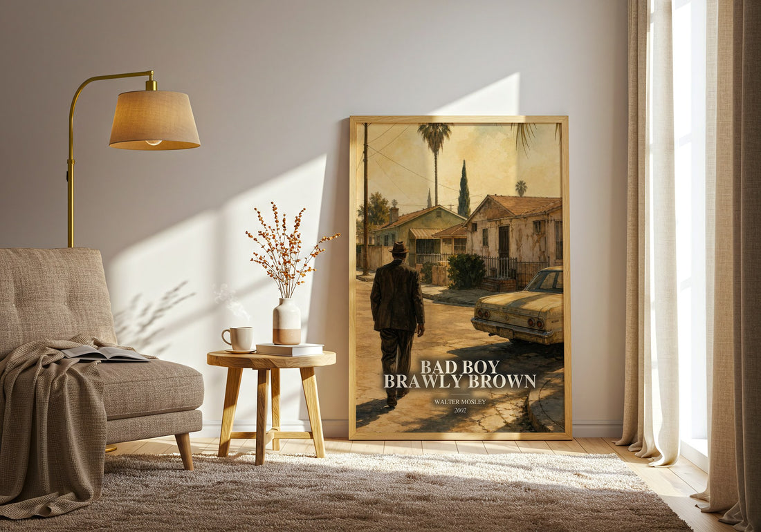Bad Boy Brawly Brown watercolour print in frame leaning in hallway – crime wall art (mockup)