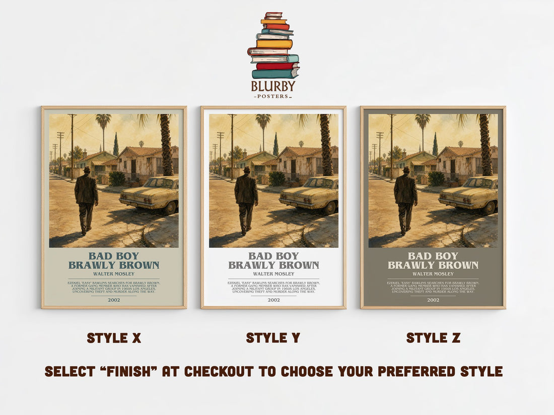 Bad Boy Brawly Brown bookish print in frame leaning in hallway – crime wall art (mockup)