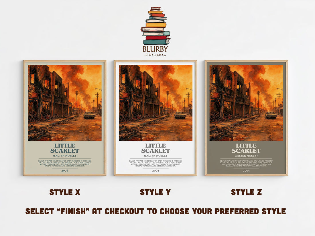 Little Scarlet bookish print in frame leaning in hallway – crime wall art (mockup)