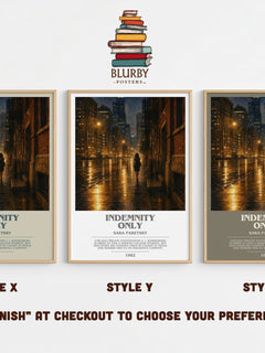 Indemnity Only bookish print in frame leaning in hallway – crime wall art