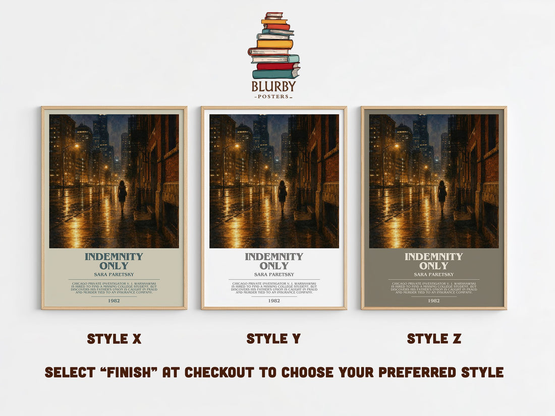 Indemnity Only bookish print in frame leaning in hallway – crime wall art (mockup)