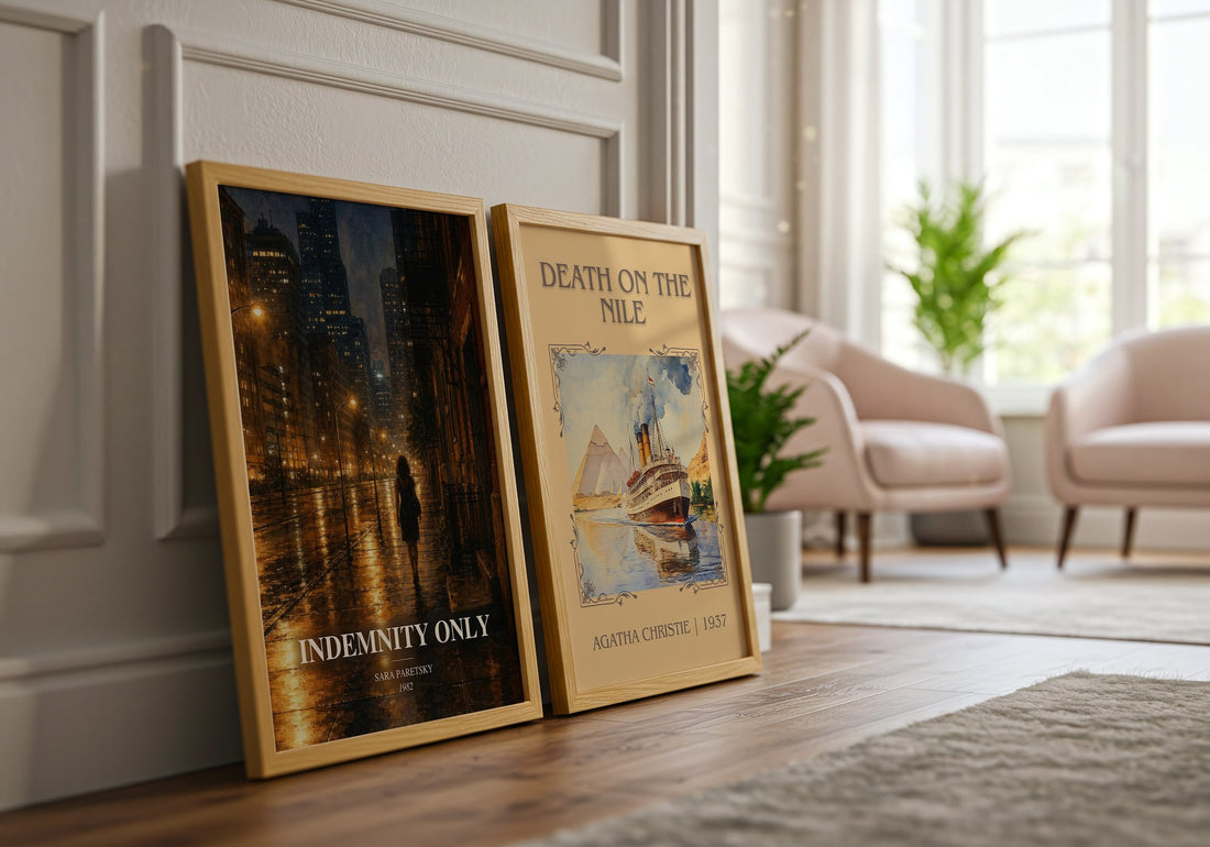 Indemnity Only watercolour print framed by window – literary home decor