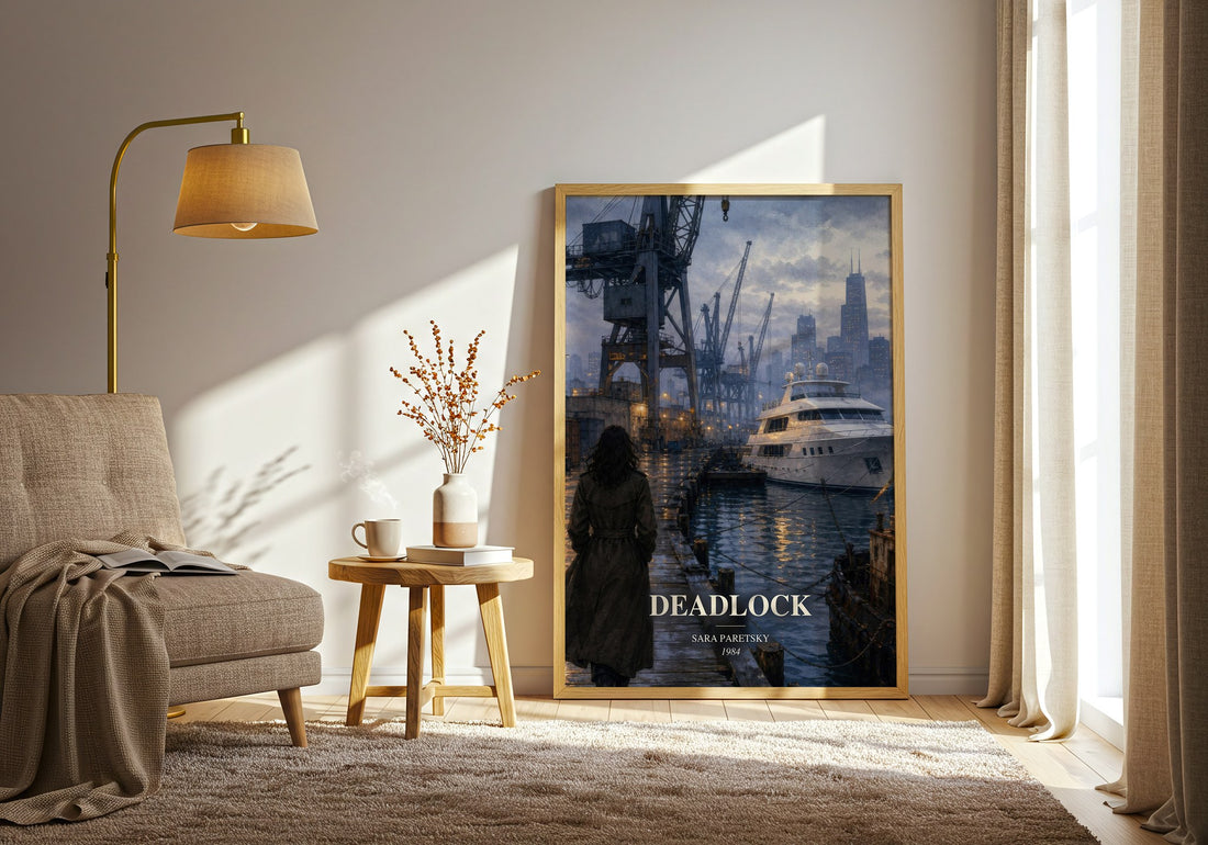 Deadlock watercolour print in frame leaning in hallway – crime wall art (mockup)