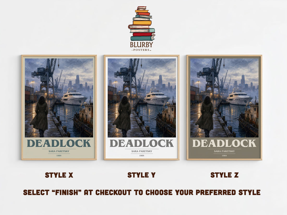 Deadlock book cover print in frame leaning in hallway – crime wall art (mockup)