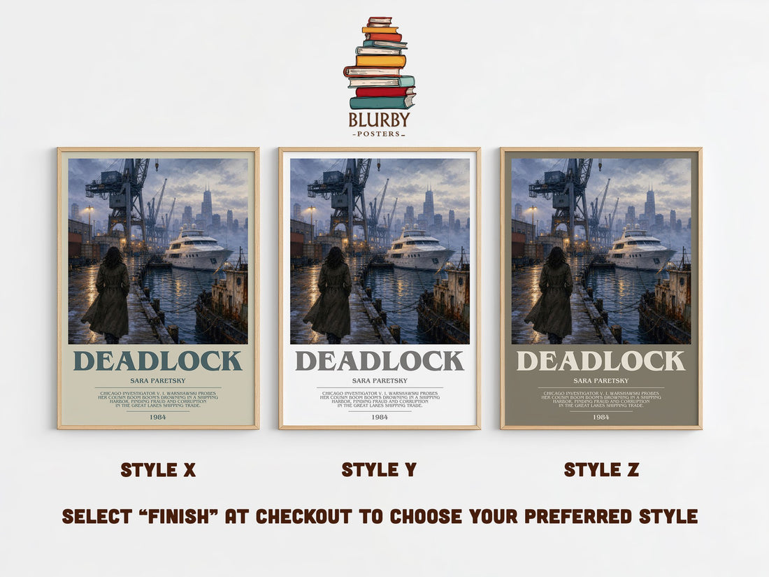 Deadlock bookish print in frame leaning in hallway – crime wall art (mockup)