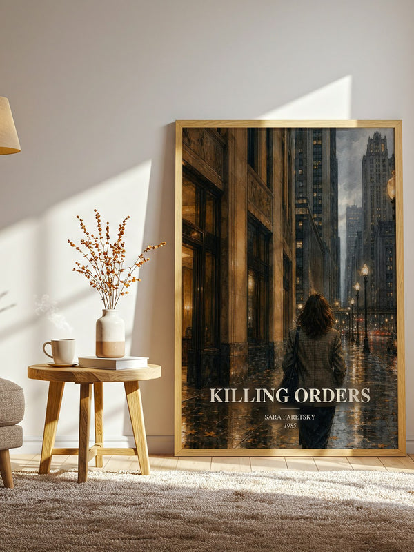 Killing Orders watercolour print in frame leaning in hallway – crime wall art