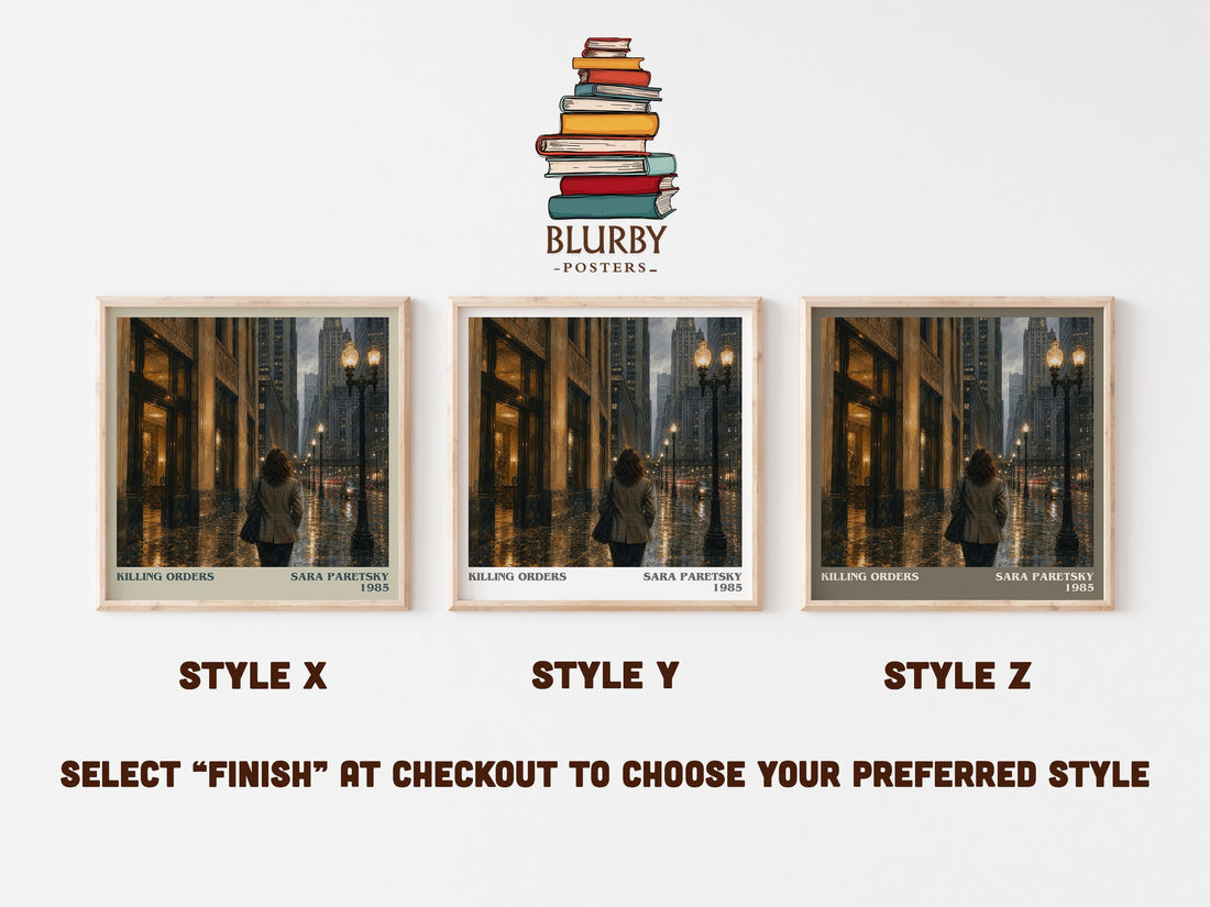 Killing Orders literary print in frame leaning in hallway – crime wall art (mockup)