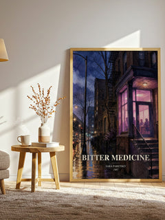 Bitter Medicine watercolour print in frame leaning in hallway – mystery wall art