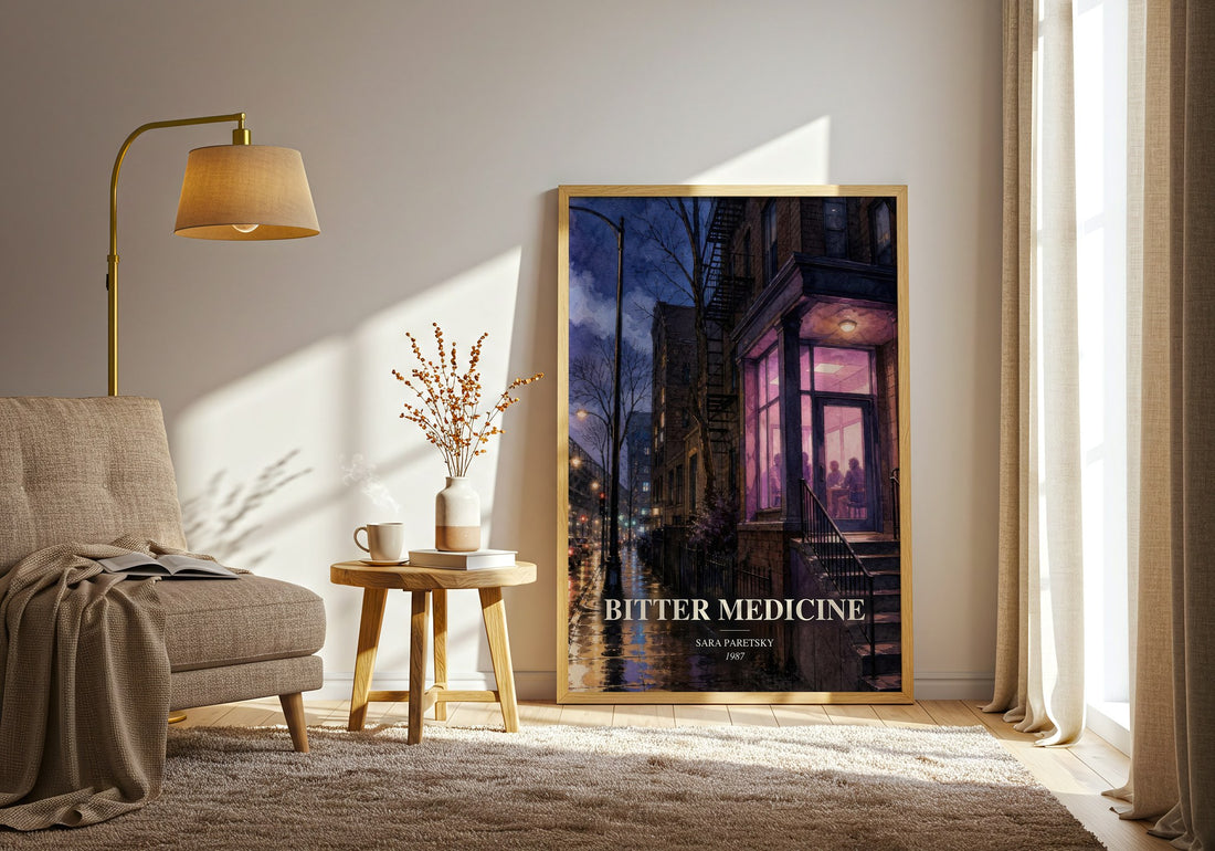 Bitter Medicine watercolour print in frame leaning in hallway – mystery wall art (mockup)
