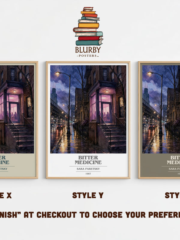 Bitter Medicine book cover print in frame leaning in hallway – mystery wall art