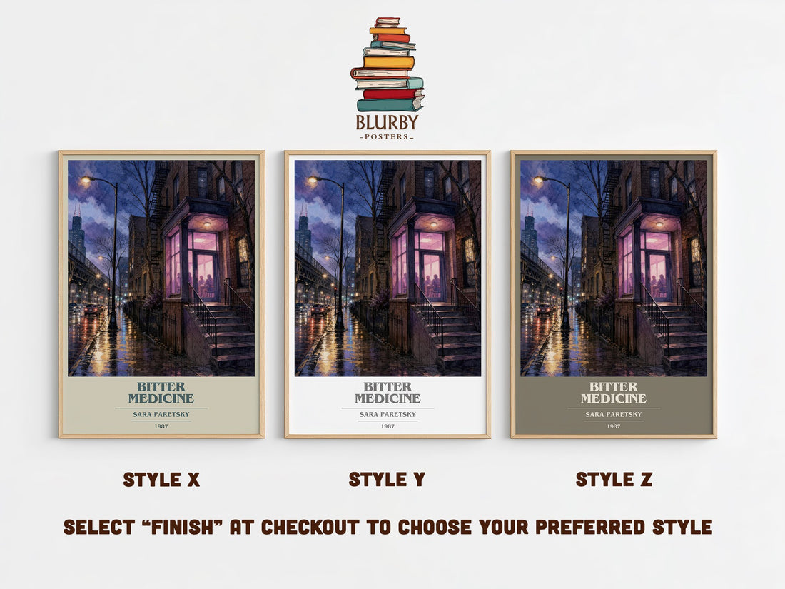 Bitter Medicine book cover print in frame leaning in hallway – mystery wall art (mockup)