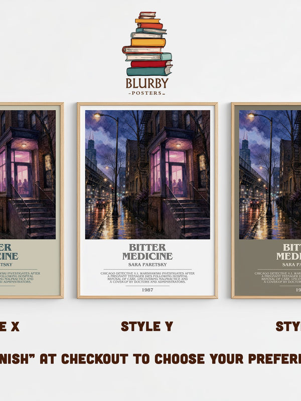 Bitter Medicine bookish print in frame leaning in hallway – mystery wall art