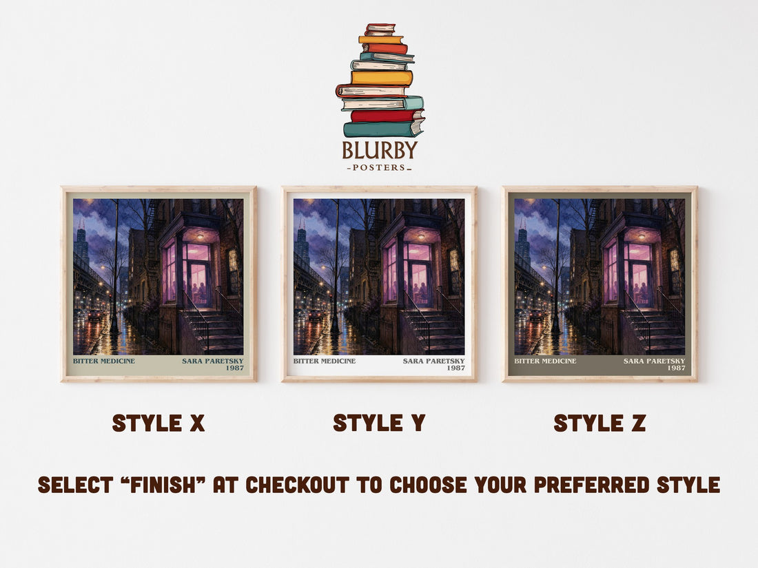 Bitter Medicine literary print in frame leaning in hallway – mystery wall art (mockup)