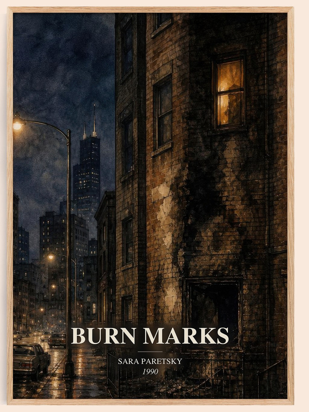 Burn Marks watercolour book poster by Sara Paretsky – framed literary art print