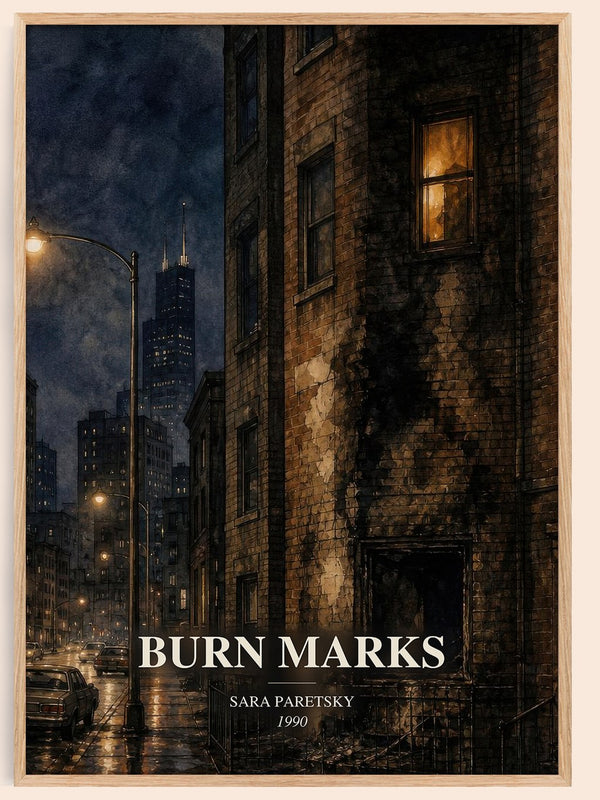 Burn Marks watercolour book poster by Sara Paretsky – framed literary art print