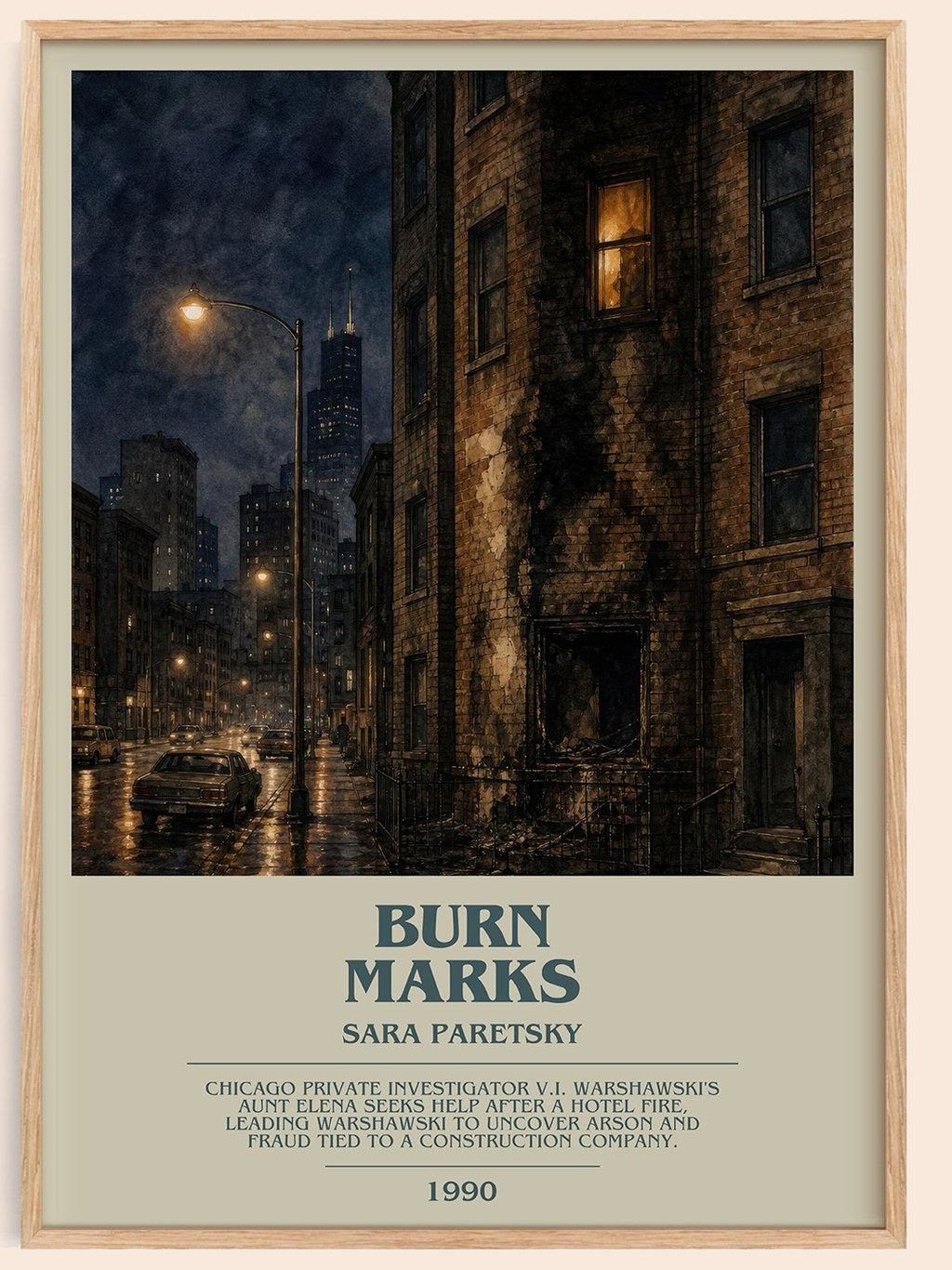 Burn Marks bookish book poster by Sara Paretsky – framed literary art print