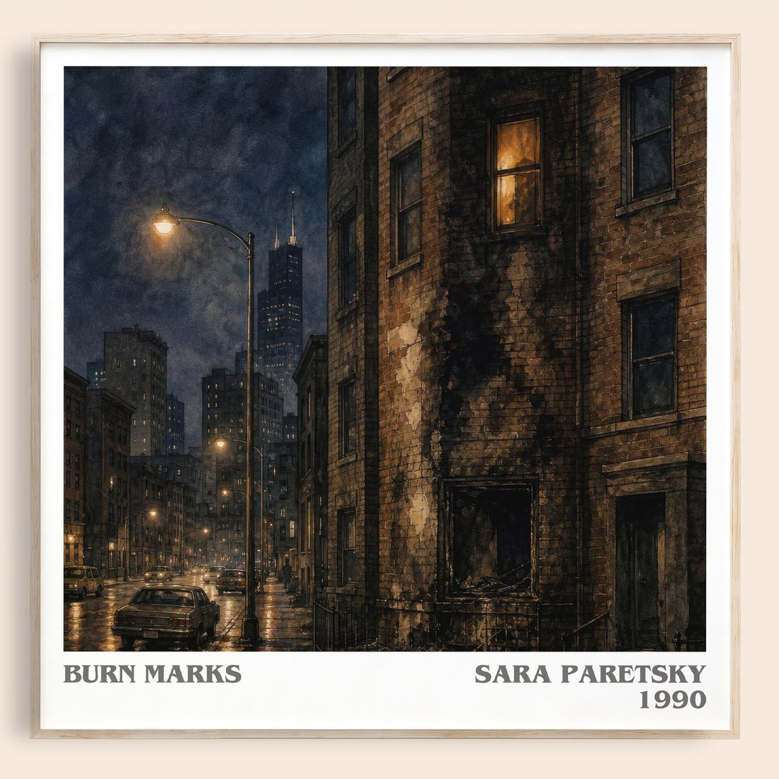 Burn Marks literary book poster by Sara Paretsky – framed literary art print