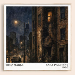 Burn Marks literary book poster by Sara Paretsky – framed literary art print