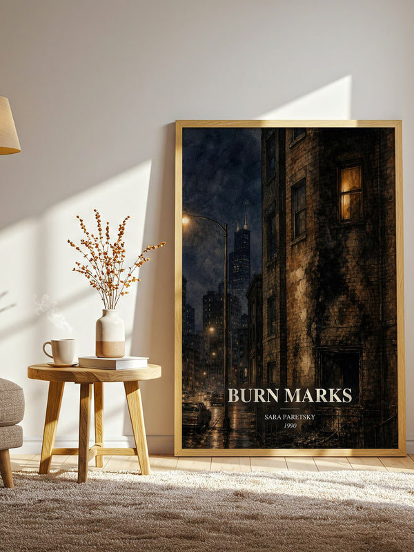 Burn Marks watercolour print in frame leaning in hallway – crime wall art
